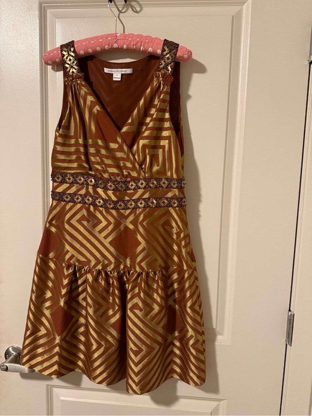 Diane Von Furstenberg Brown and Gold Geometric Midi Dress with Embroidered Waist